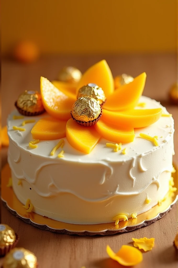 Cake with whipped cream frosting and mprango decoration with ferreiro roche