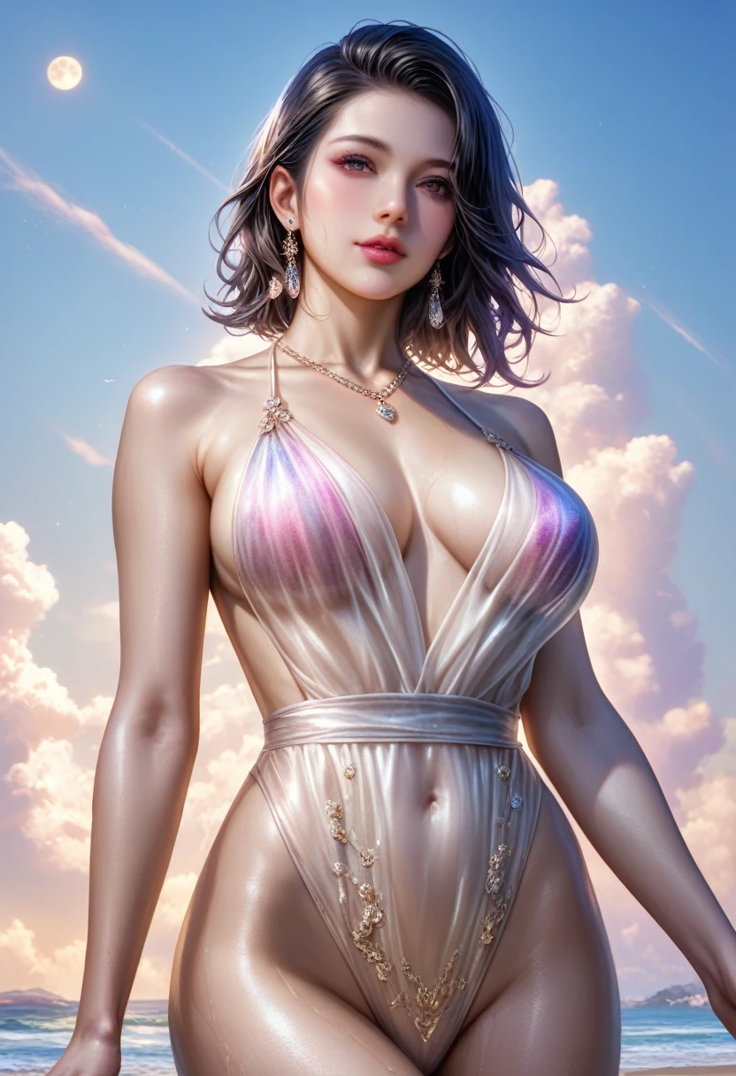 score_9, score_8_superior, score_7_superior, A masterpiece in 32K resolution,Highest quality,it is really amazing,Very detailed,Ultra-high resolution,Ultra-realistic,Realistic,Increased depth of field,Cinematic lighting,
Sexy mature Japan woman,
black straight medium hair,Ultra-detailed and beautiful face,Gentle expression,Translucent white skin,Realistic skin texture,
Elegant swimwear,
Elegant and luxurious design,Colorful color patterns,Beautifully detailed decoration,Detailed fabric texture,
Gorgeous necklace,Earrings,
Coastline at night,delay々A desolate sandy beach that continues,The huge moon illuminates the beach in a fantastic way,Dark clouds floating in the dark night sky,
Cinematic,Low - Angle,