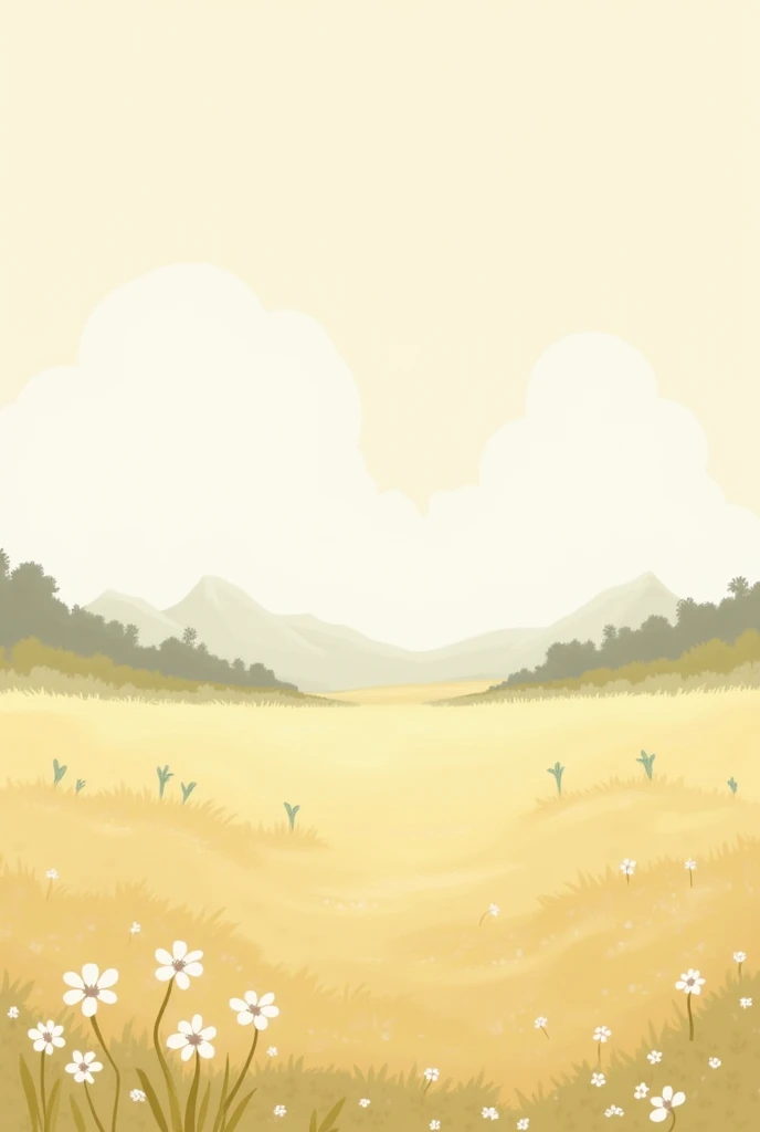 The cartoon emphasizes natural views, warm feelings, earth tones, pastel colors, no animals, no trees, small flowers, no mountains, flat ground, no walking paths, no streams.