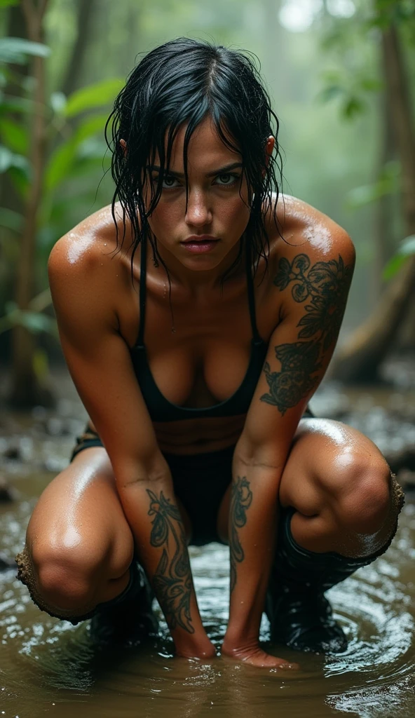rhea ripley short dark hair,naked, crouched , full of tattoos,In a swamp, full of mud ,sweating,wet,sexy.