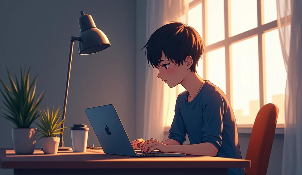 anime boy sitting at a desk with a laptop and a cup of coffee, makoto shinkai style, makoto shinkai. digital render, makoto shinkai art style, makoto shinkai!!, makoto shinkai!, style of makoto shinkai, young anime man, anime boy, anime lover, ( ( makoto shinkai ) )