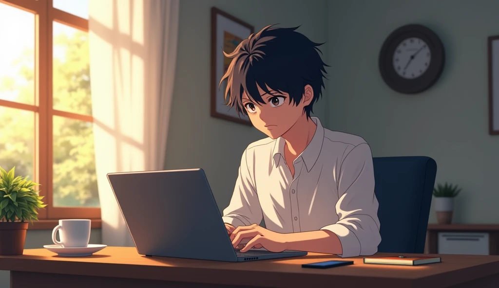 anime boy sitting at a desk with a laptop and a cup of coffee, makoto shinkai style, makoto shinkai. digital render, makoto shinkai art style, makoto shinkai!!, makoto shinkai!, style of makoto shinkai, young anime man, anime boy, anime lover, ( ( makoto shinkai ) )