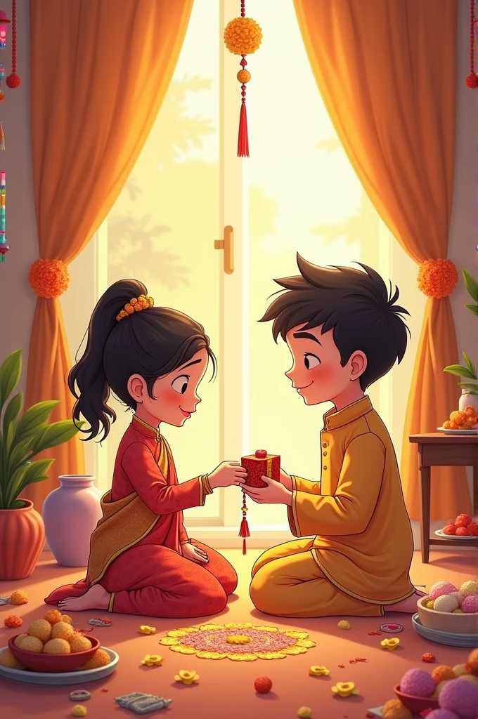 An anime-style illustration of a brother and sister celebrating Rakshabandhan. The sister, dressed in a traditional Indian outfit with intricate designs, is tying a beautiful Rakhi around her brother's wrist. The brother, in a matching traditional kurta, smiles warmly as he holds a small gift box to give to his sister. The background features a cozy, warmly lit room adorned with festive decorations like marigold flowers, colorful rangoli patterns, and a small table with sweets. The overall atmosphere is filled with love and warmth, capturing the essence of this special bond