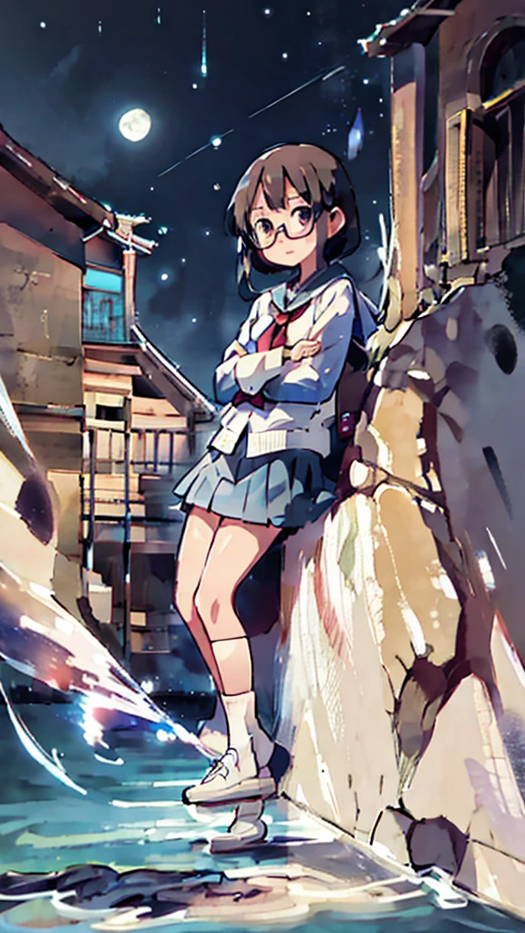 Dazzling Light、Many towers in the distance、Big Moon、metropolis、Tall buildings、Looking up at the stars、water、Midnight、Moon、Blue light、sky、sea、Nsfw、masterpiece, high quality, 4K, HDR,, Stable Diffusion prompt: schoolgirl with short、brown hair and red-framed glasses, wearing a white blouse and navy skirt, white panties visible, navy socks and brown loafers, in a state of arousal and trembling with sexual climax,simple illustration style, In a nichijou (everyday life) Setting Image generation AI model used: Stable Diffusion (eleet- model)
id: i2