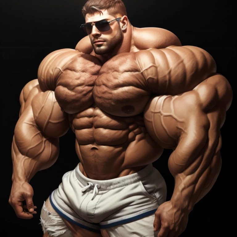 hyper growth, hyper muscles, brutalmass, chris redfield, a very handsome young man, white skin, sunglasses, shirtless wearing shorts, exaggeratedly muscular, exaggeratedly huge biceps, arms and pecs, exaggeratedly muscular and huge body, on a black background