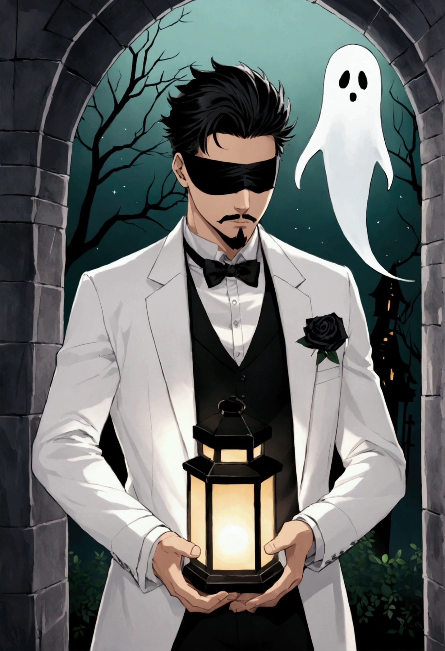 1 boy 1 ghost He has a muscular tall build. His hair is a black undercut.He also have short black goatee.His eye is glowy green behind those blindfold Logan is 18 years old while Landon is ageless Logan wear blindfold because of tradition. His full name is Logan Jamie Raymond. Logan was a shy,insecure in private but adopted a warm outgoing persona He always carry lantern named "Last Memory".It allow him to summon spirit and allow him to use magic. Logan have ghost asisstant living inside lantern that look like the Logan but older and taller named Landon.His personality is sarcastic,introvert and serious. Both of them wear the same costume,Logan wear white suit with black rose.Landon wear black suit with white rose He is gravekeeper and Pallbeare on "Raymond" owned graveyard Named "Last Burial"