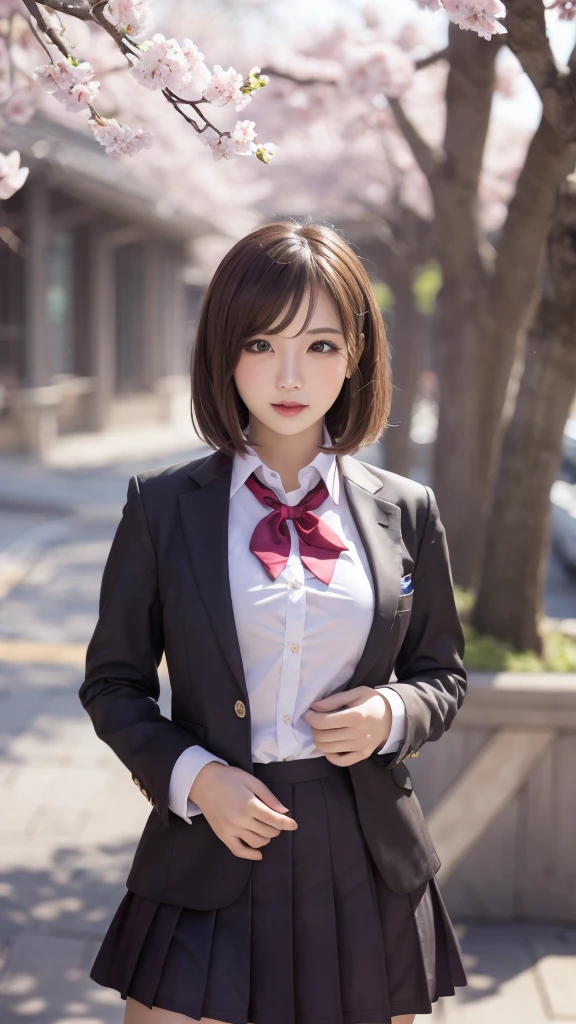 masterpiece, 4k, Bokeh, beautiful face, (multiple girls:1.4), Harem, group photo, Cat ear, medium bob hair, Pink school uniform, graduation, looking at the viewer, cherry blossoms, Upper body shot, boob, boobjob