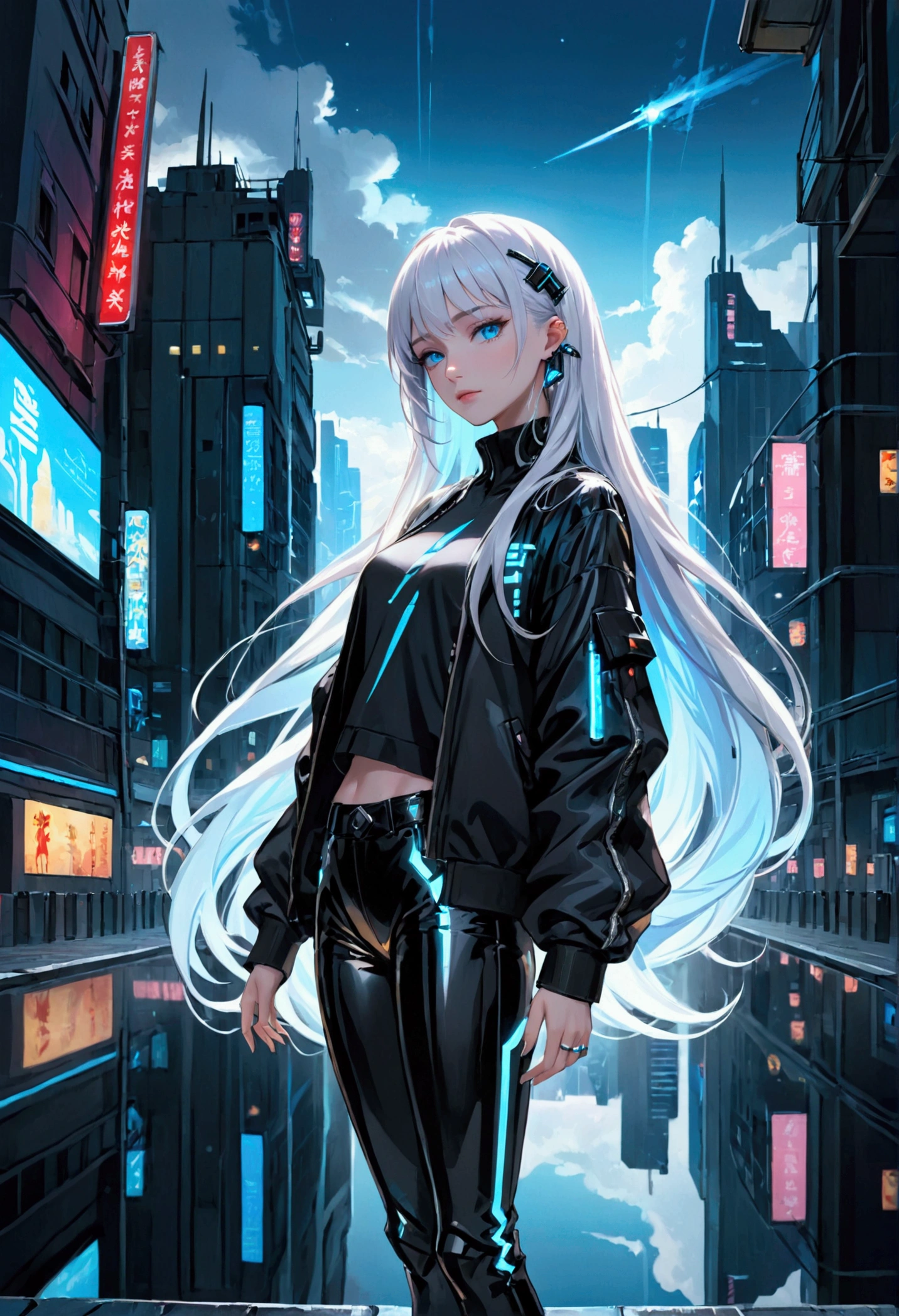 ((best quality)), ((masterpiece)), (detailed), perfect face, a beautiful woman with white long hair and a sky blue reflection, she has a tufted fringe, she has sky blue eyes in a cyberpunk city with sky blue lights, she has total black clothes with some neon sky blue lights on it, Total body.