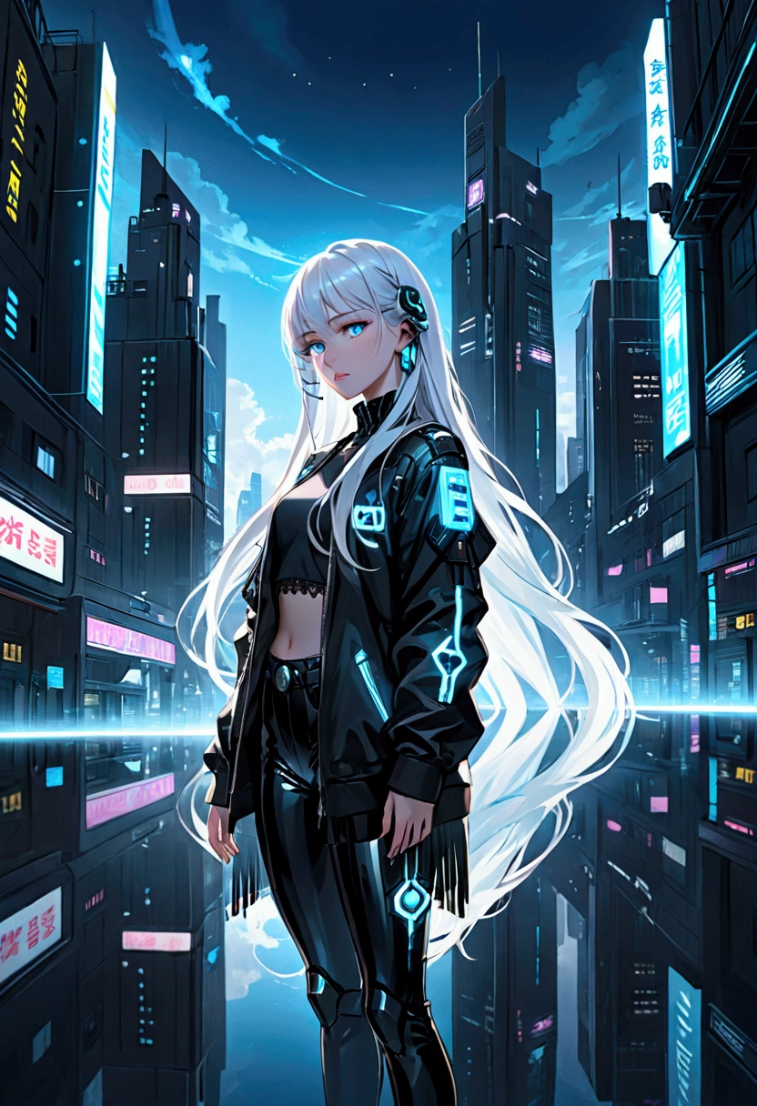 ((best quality)), ((masterpiece)), (detailed), perfect face, a beautiful woman with white long hair and a sky blue reflection, she has a tufted fringe, she has sky blue eyes in a cyberpunk city with sky blue lights, she has total black clothes with some neon sky blue lights on it, Total body.