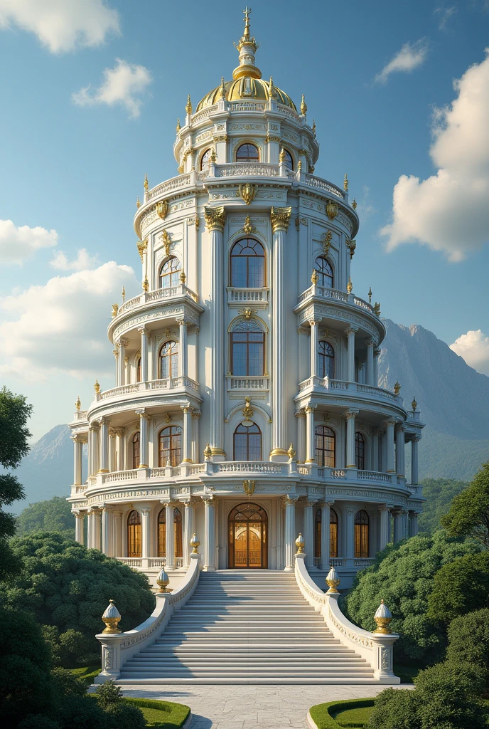 Genrate image of 20 storry Palace with many pillers and silver shiny look to it with glass, very big royal and realistic