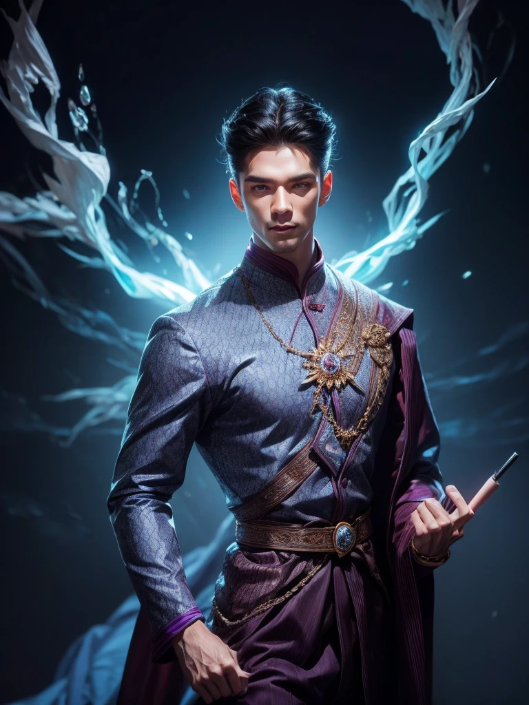 เด็กman 1 คน, Aura, watch, black_background, light blue_eyess, light blue_electricity, Blurry, cigarette, coat, crystal, electricityฟ้า, energy, glow, glow_eyes, hair_between_eyess, high_shirt collar, Holding, Holding_cigarette, lightning, long_sleeve, look_at_ผู้watch, magic, man_Point of interest, purple_coat, simple_background, alone, on_body, white_hair