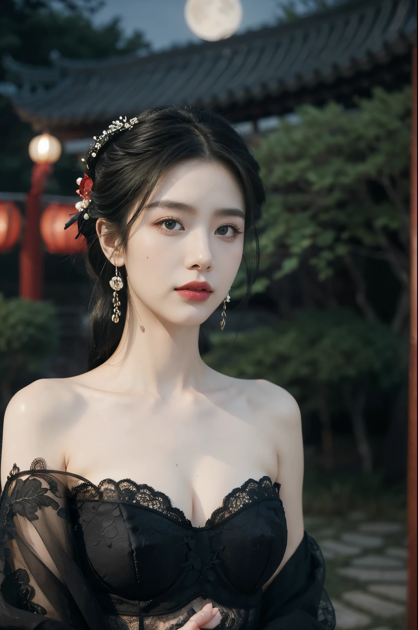 (((best quality))),(((ultra detailed))),(((masterpiece))),illustration,((1 beautiful girl,solo)),(bun hair:1.2),(Ghostly makeup:1.3),(fair skin:1.5),(red lips:1.2),(earrings:1.2),((slim,thin)),((small breasts,flat chest)),(strapless black floral embroidered lace bra:1.5),(A huge moon in the sky:1.3),(moonlit Chinese garden courtyard:1.3),(Ghost Festival:1.3),(Ghostly flames are drifting in the air:1.3),elegant and sophisticated,intricate patterns,curves,dark color,striking visual appeal,ethereal,enchanting,ghostly black blossoms,swaying branches,stone pathways,moss,eerie shadows,ancient pavilion,intricate wooden structure,mystery and intrigue,cicadas chirping,auditory symphony,embodiment of the festival's spirit,bathed in the moon's glow,delicate features,raven-black hair,waterfall of darkness,moon's luminance,captivating allure,sleek fabric,clung to frame,accentuating curves,highlighting beauty,striking appearance,ethereal beauty,hauntingly beautiful scene,captured essence,blend of beauty and mystery,(night scene:1.3),((from front,close-up of face))