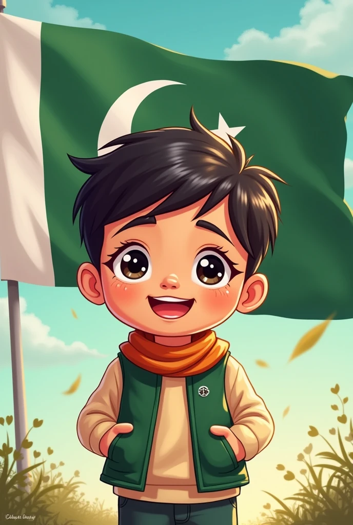 Create a cute baba boy picture and write a Happy independence day from mustafa on picture's background with Pakistan flag
