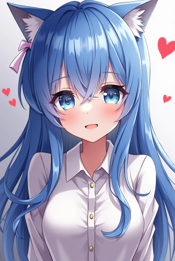  One girl, blue eyes, Long Hair, Blue Hair, bangs, Cat ear, hair ornaments, blush, Staring at the audience, Hair between the eyes,beautiful girl, Heart symbol on background,Slave Girl,smile,************,Obedient Slave,The girl is hypnotized,He listens to everything I say,Ecstatic expression,Will serve you