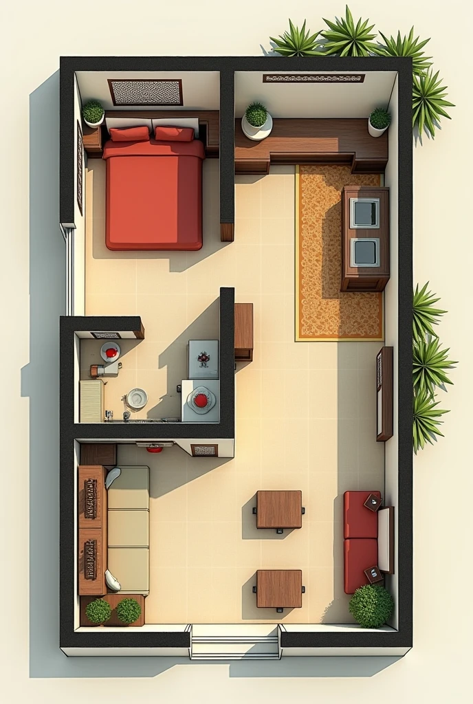 draw me a house plan of a simple house within 4.5 m...it should be indian..it should have a bedroom ,a living room,one bathroom ,a kitchen with dining area,and small store room