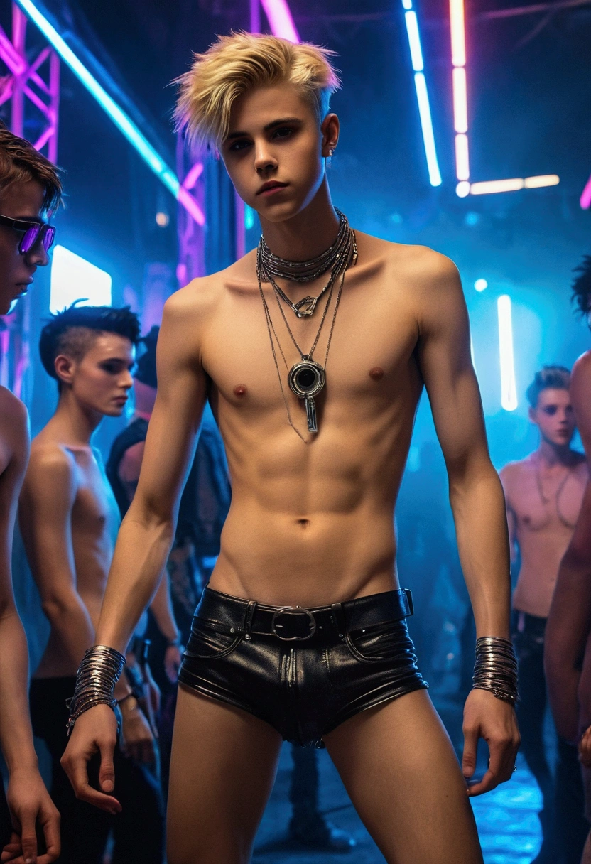 Astonishingly Beautiful Cyberpunk 19yo skinny twink boy a combination of Jonathan Brandis and Justin Bieber, gracefully pole dancing shirtless and barefoot for an audience of nudists in a cyberpunk mega structure at midnight. Sleight build. (Provocative risqué Cyberpunk gay pride style.) Salacious arousing pose. Award-winning Avant-garde picture. Very beautiful people in the crowd. Debauchery. Faces in ecstasy