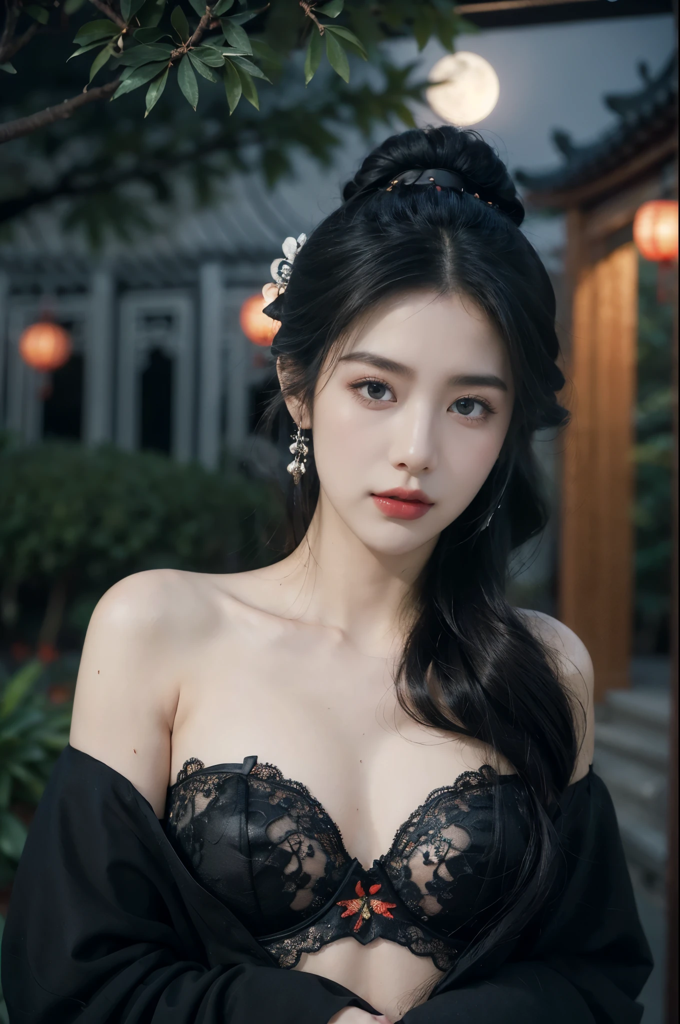 (((best quality))),(((ultra detailed))),(((masterpiece))),illustration,((1 beautiful girl,solo)),(bun hair:1.2),(Ghostly makeup:1.3),(fair skin:1.5),(red lips:1.2),(earrings:1.2),((slim,thin)),((small breasts,flat chest)),(strapless black floral embroidered lace bra:1.5),(A huge moon in the sky:1.3),(moonlit Chinese garden courtyard:1.3),(Ghost Festival:1.3),(Ghostly flames are drifting in the air:1.3),elegant and sophisticated,intricate patterns,curves,dark color,striking visual appeal,ethereal,enchanting,ghostly black blossoms,swaying branches,stone pathways,moss,eerie shadows,ancient pavilion,intricate wooden structure,mystery and intrigue,cicadas chirping,auditory symphony,embodiment of the festival's spirit,bathed in the moon's glow,delicate features,raven-black hair,waterfall of darkness,moon's luminance,captivating allure,sleek fabric,clung to frame,accentuating curves,highlighting beauty,striking appearance,ethereal beauty,hauntingly beautiful scene,captured essence,blend of beauty and mystery,(night scene:1.3),((from front,close-up of face))
