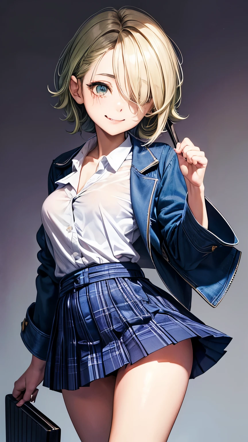27 years old Japanese timid and tidy lady ((small breast))(( voluptuous)), jet black short hair ((blonde highlight hair))((shaggy back hair))((hair over one eye:1.5)), indigo blazer ((blue tartan skirt, damaged)), tidy and clumsy smile ((tongue out a little )), droopy and sharp eyes ((light green)), eyelashes, calming and innocent atmosphere, seems very happy, ((looking back pose)), (( face focus)), best quality,MSFW