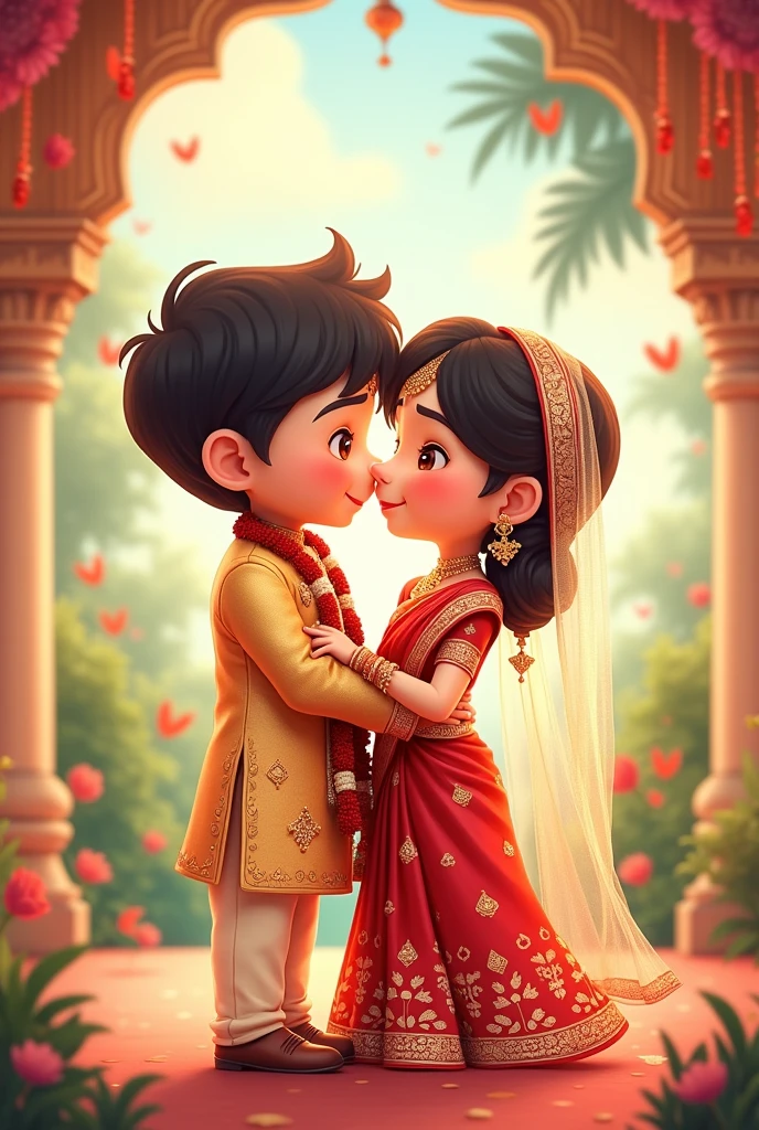 Cute Anime marriage  in saree print name Darshan on his dress 



