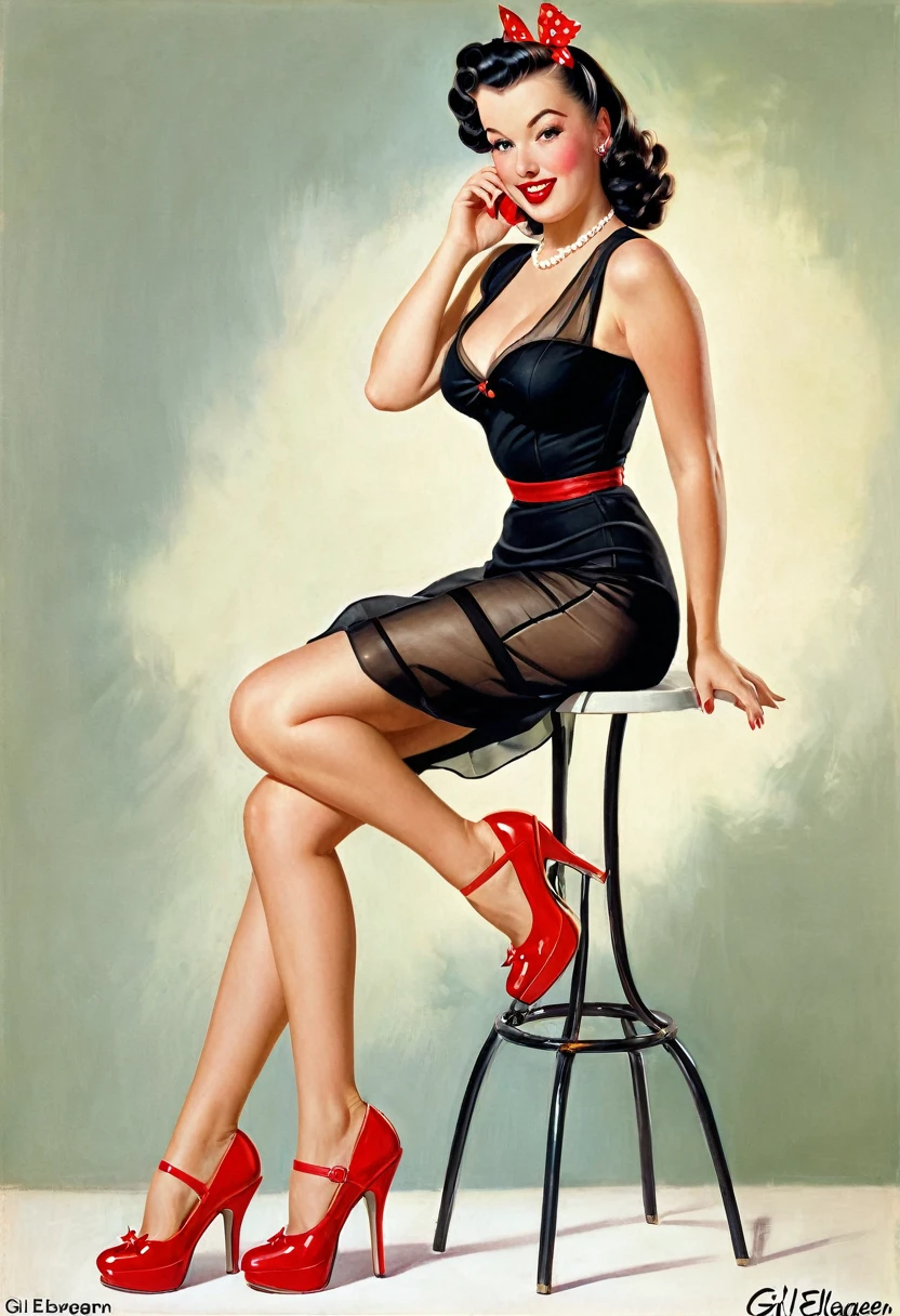 Picture of a woman in a black see-through dress and red shoes, pinup art, gil elvgren, pinup style, gil elvgren, pinup girl, pinup poster girl, gil elvgren, pin - up girl, artgerm and gil elvgren, pin - up, pin-up, pin-up, pin up girl, pin up, pinup pose