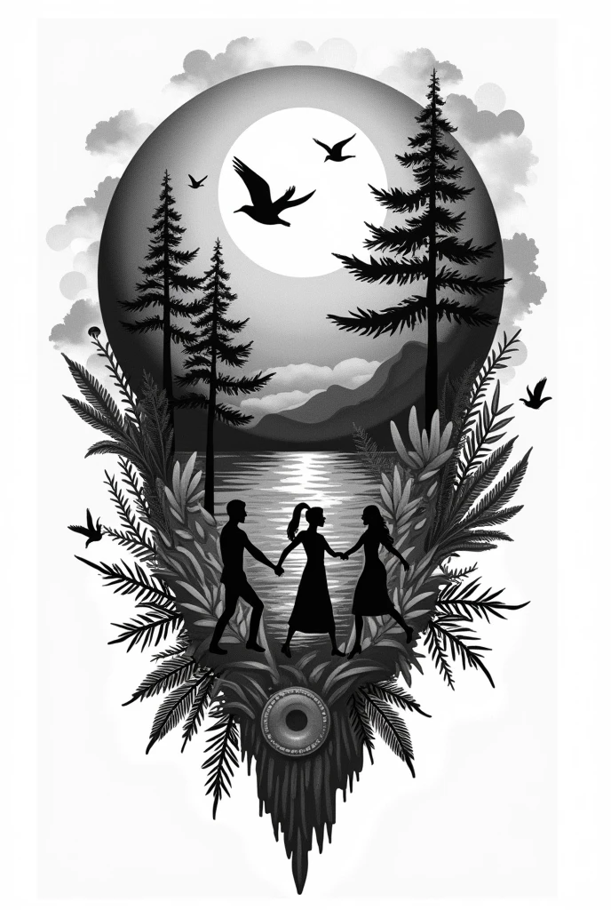 The design of a black and white tattoo, that is based on a spherical planet, which contains the following elements: araucaria, sun, officer, ferns, Birds, people dancing ska, small wine glasses, clouds, YERBA MATE,