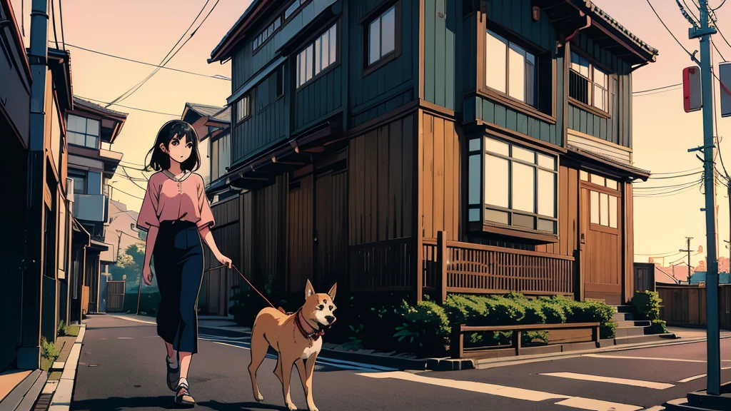 masterpiece, Highest quality, A girl walking her dog in a quiet suburban Tokyo neighborhood at sunset, enjoying the calm atmosphere,beautiful eyes