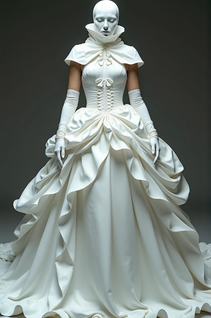 Wearing a huge, revealing wedding dress。White satin full finger glove、"Shoulders and neck、Turtleneck that covers the mouth。"Everything is connected。White wedding dresses are layered、She looks like a bride。