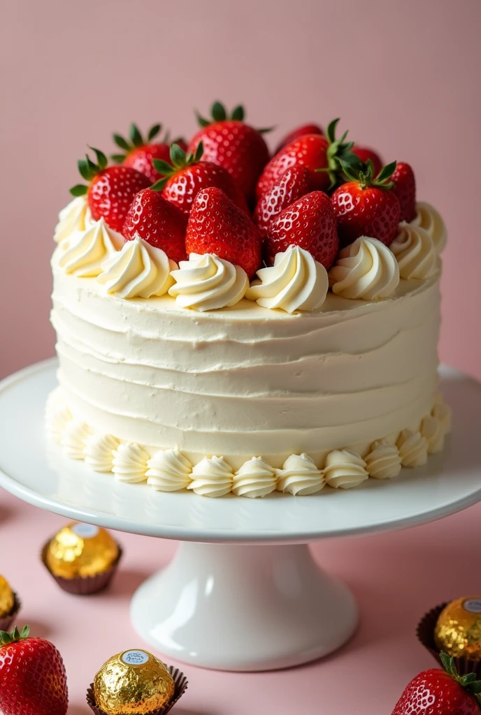 Birthday cake with whipped cream frosting and strawberry decoration with ferreiro roche
