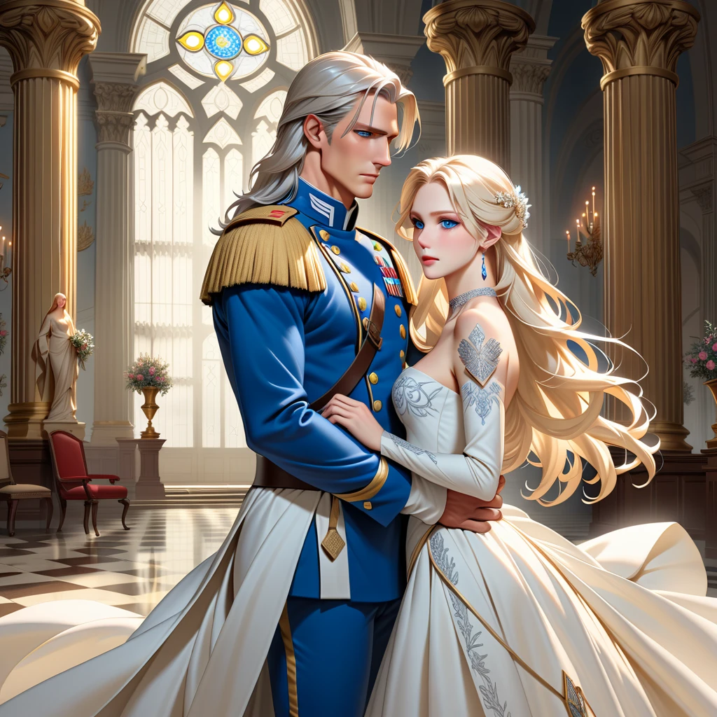 A tall, handsome, statuesque, courageous adult man is a platinum blonde with blue eyes, dressed in an ancient military uniform, he has long straight silver platinum hair, long bangs, he holds the hand of an incredibly beautiful young fatal blonde woman with blue eyes, long golden hair, she is dressed in a princess dress, she has jewelry, the crown. They're in love.
