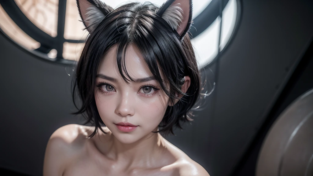 black hair, hair bobbles, wince, longeyelashes, solid circle eyes, fake animal ears, light smile, ear blush, fang, ccurate, multicolored eyes, mismatched pupils, licking lips, silver hair, short hair, Surrealism, drop shadow, anaglyph, stereogram, tachi-e, pov, atmospheric perspective, blurry, reflection light, ray tracing, 8k, super detail, best quality, HD, best quality, masterpiece, UHD, textured skin, accurate