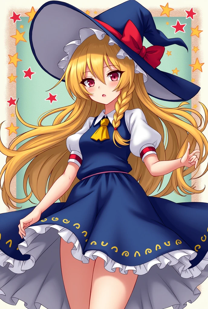 With an anime-like pattern、Please draw Marisa Kirisame from the Touhou Project。I'm a wizard。Only the right side is braided。