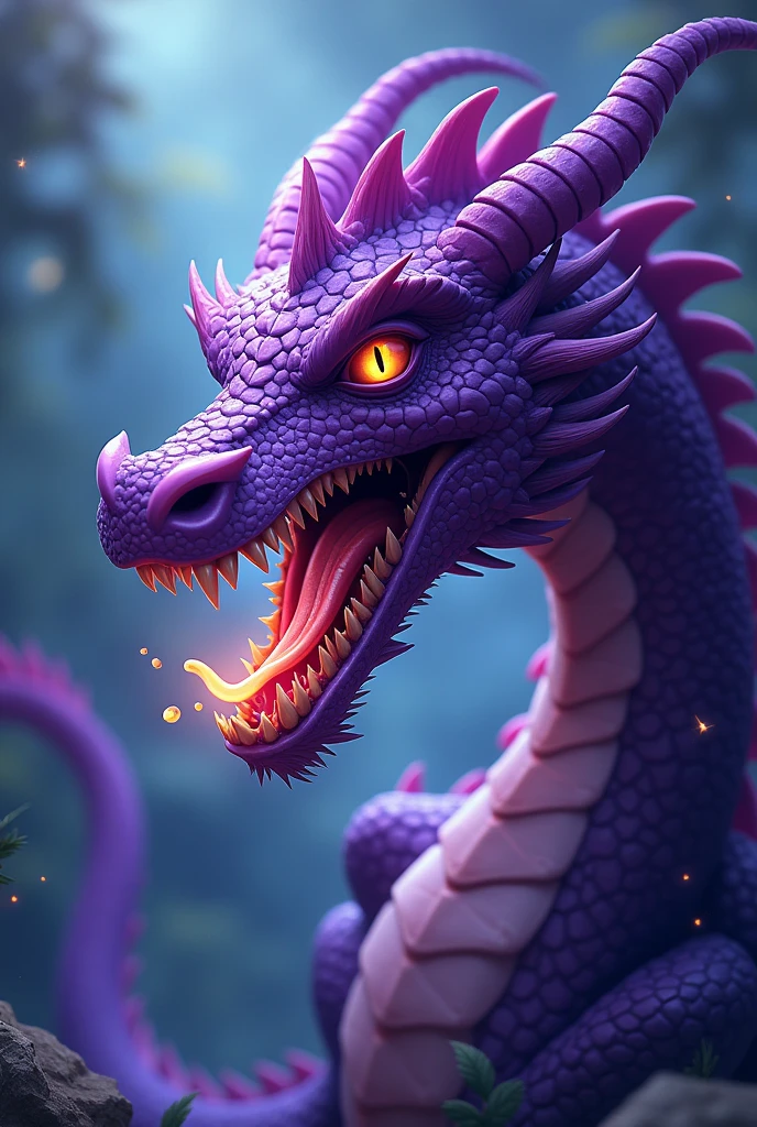 A logo of a purple dragon face. Dragon has a computer in its mouth like he's starting to eat it. Computer is inside the mouth
