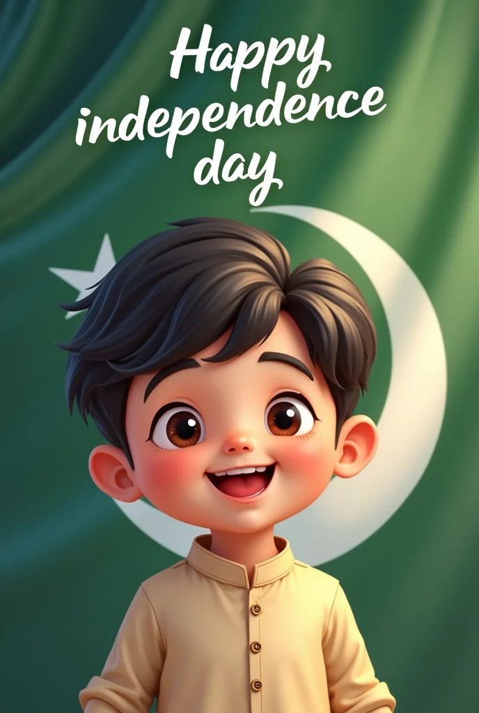 Create a cute baba boy picture and write a Happy independence day from mustafa on picture's background with Pakistan flag