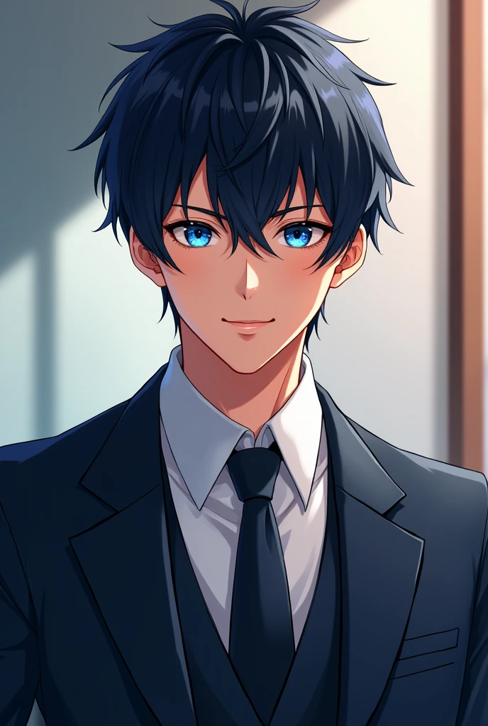 (Highest quality,4K,8k,High resolution,masterpiece:1.2),Very detailed,(Realistic,photoRealistic,photo-Realistic:1.37),30-year-old male,Short Hair,Handsome Anime,Portraiture,strong,Masculine,Black Hair,Sharp jawline,Captivating blue eyes,Cool anime suits,Confident expression,Vibrant colors,Dynamic Lighting, Jesus Christ,Beardless,Refreshing smile(chief executive officer（CEO）).