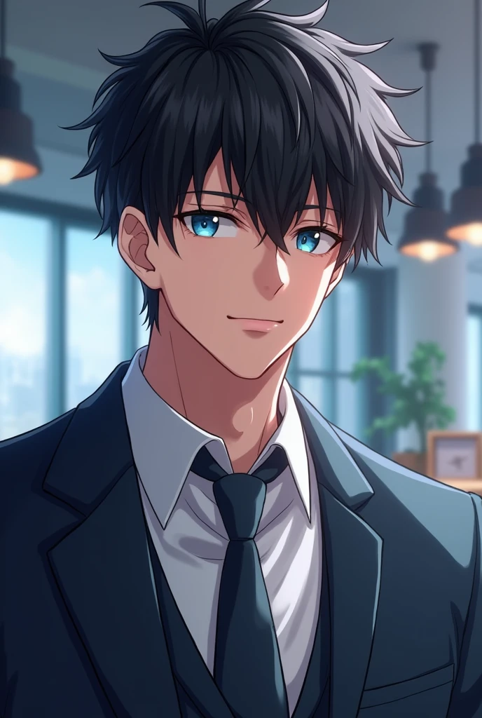 (Highest quality,4K,8k,High resolution,masterpiece:1.2),Very detailed,(Realistic,photoRealistic,photo-Realistic:1.37),30-year-old male,Short Hair,Handsome Anime,Portraiture,strong,Masculine,Black Hair,Sharp jawline,Captivating blue eyes,Cool anime suits,Confident expression,Vibrant colors,Dynamic Lighting, Jesus Christ,Beardless,Refreshing smile(chief executive officer(CEO)).