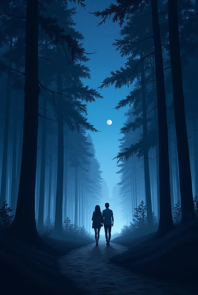 A quiet nighttime scene on a forest path, illuminated by the light of the stars and a bright moon. The trees line the path, their dark silhouettes standing against the starry sky. Gloria and Ben are walking side by side, their footsteps gently rustling the fallen leaves.