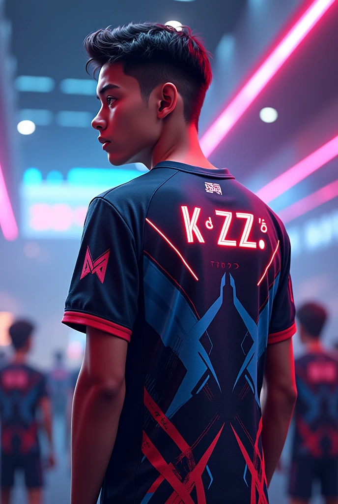 A young man gamer wearing esports jersy with a name "K Λ Z Ξ" at the back