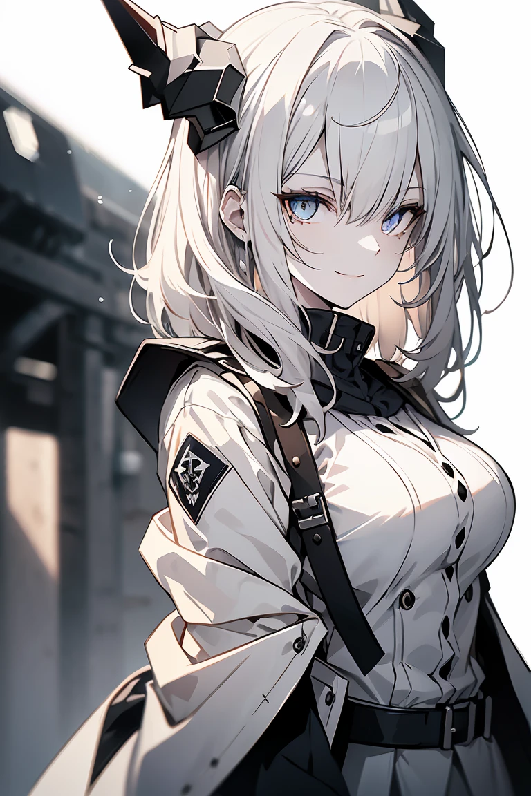 One Girl, whole body, White one-piece military uniform, (Tabletop:1.2, Highest quality), (Beautiful, detailed eyes: 1.2), (Beautifully detailed face), High Contrast, (Best lighting from the front, Very delicate and beautiful、Front lighting), ((Cinematic Light)), Dramatic Light, very orange eyes, Large Breasts, Belt under the chest, White military uniform, White Skirt,Black Hair, Black tie,  (Pale white background:1.5), Wolf Cut Hair, Look at me and smile,horn、Front lighting、Illuminate the face、light source