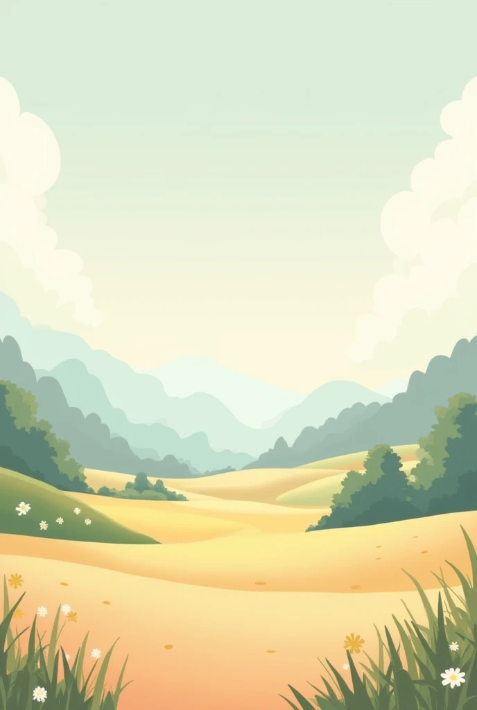 The cartoon focuses on natural views, warm feelings, pastel colors, no animals, no trees, no small flowers, no mountains, flat ground, no walking paths, no streams.