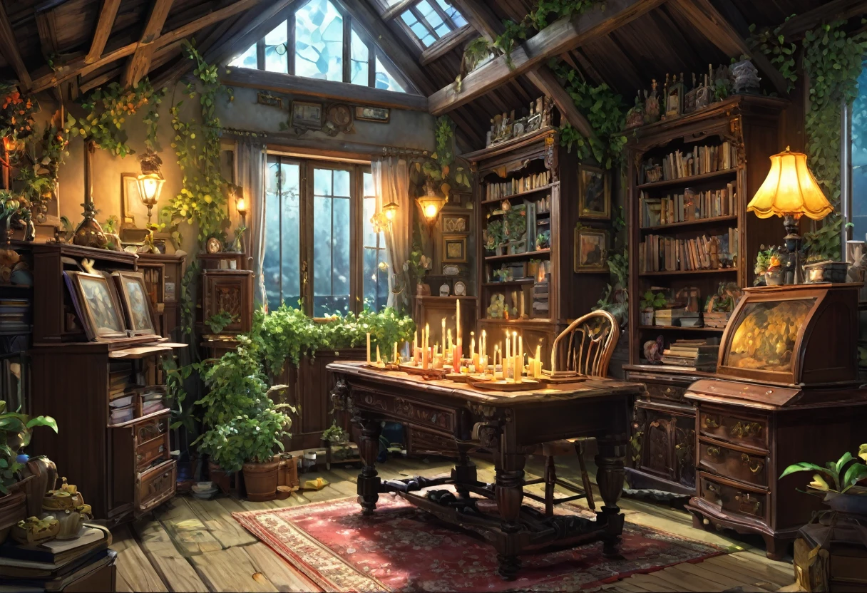 ((anime:1.4,figure)),(masterpiece, Highest quality, Highest quality),(Very detailed, The absolute solution),((16K, High resolution)), (((Background、night、magic、magicの家、magicに囲まれた部屋、mysterious、Candle、lanthanum、magic道具、Workshop, attic, Book, Foliage plant, lamp, Antique furniture, Job table))), ((cosy lofi figure:1.4)), ((anime:1.4, figure)),(masterpiece, Highest quality, Highest quality),(Very detailed, The absolute solution),((16K, High resolution)) break {Lofi Art, Laurie Griesley's style, Makoto Shinkai's Style, anime aesthetic}, break { (Generates images with over 40 million pixels of information with the detailed texture of films shot with Sony SLR cameras。).}