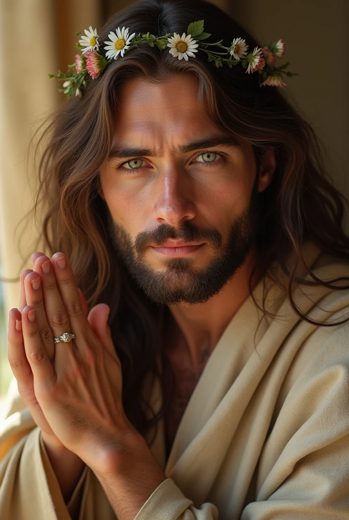 1 person, Realistic, masterpiece, Highest quality, beautiful, Detailed eyes and detailed face,Natural light, Israel 2000 years ago, linen clothing, Long brown hair, Gentle Wave,Blue-gray eyes, Charm, Pushed down, Decorative flowers, Jesus,Praying,Sunbeam, 31 years.