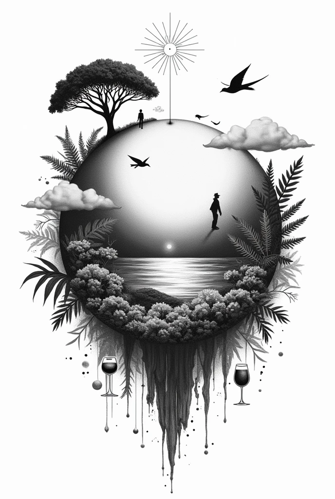 The design of a black and white tattoo, that is based on a spherical planet, which contains the following elements: araucaria, sun, officer, ferns, Birds, small wine glasses, clouds, YERBA MATE,