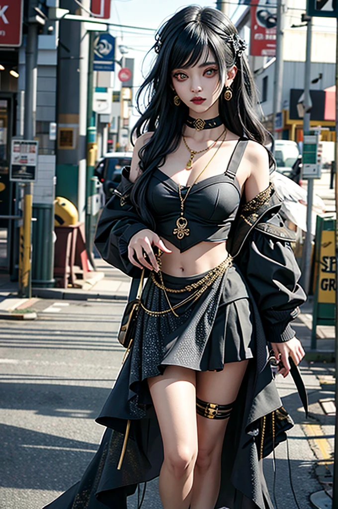 full body, looking at viewer, a person with a unique alternative aesthetic. They have dark hair long styled with ornaments gold, and they wear dramatic gold lipstick. They have a septum piercing and multiple earrings in one ear. Their makeup is notable for the winged eyeliner, emo style, and there are artistic, adding an edgy touch. They wear a micro bikini, black, big tits, bignase, at the neckline, and their look is accessorized with a black choker and layered necklaces, full body sesión. The backdrop has a marbled or mottled texture in grayish tones, which complements the dark hues of their outfit and makeup. g0thg1rl, confidently posing among decayed machinery, captured with natural lighting and a balance of light and shadow.