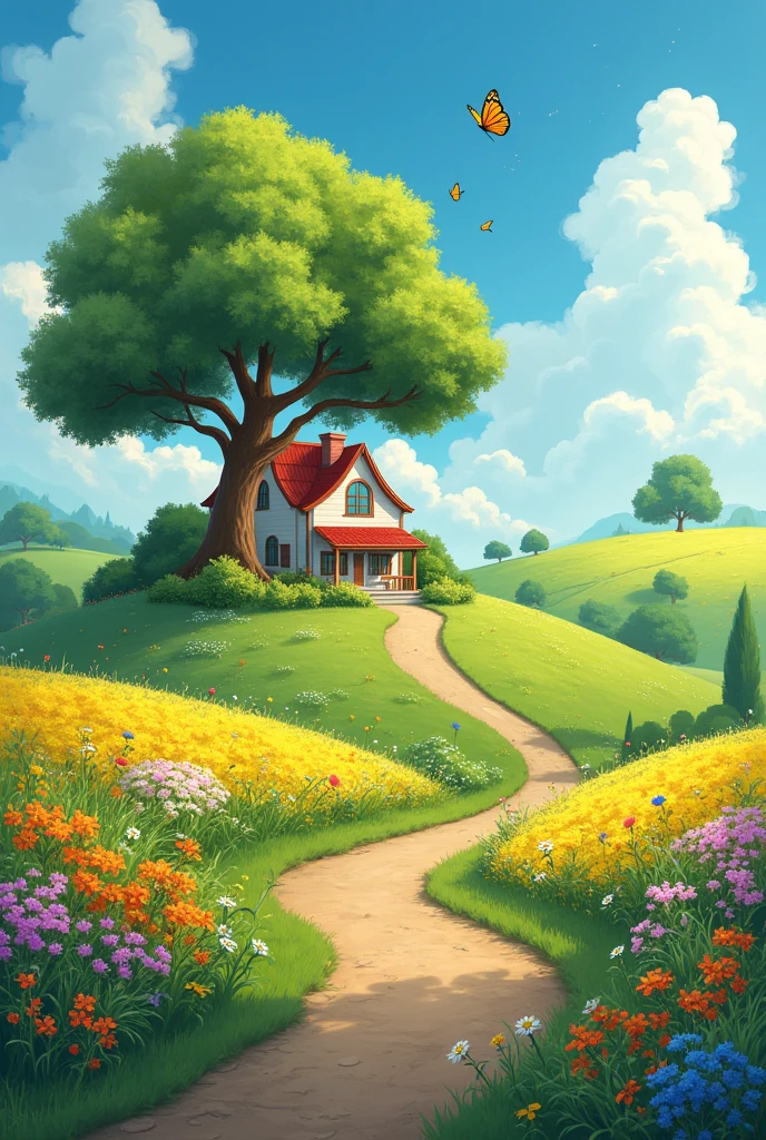 4k resolution horizontal painting, phong cách ngộ nghĩnh, country scene in classical style, have home, hoa, grass and plants, cloud, butterfly, have big tree, has a space of 1/3 horizontal paintings in front of the house