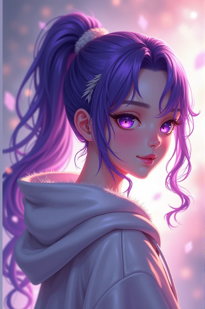Purple gradient hair、Loose and fluffy ponytail、Purple Eyes、Cat Eyes、hoodie、Feathered hood