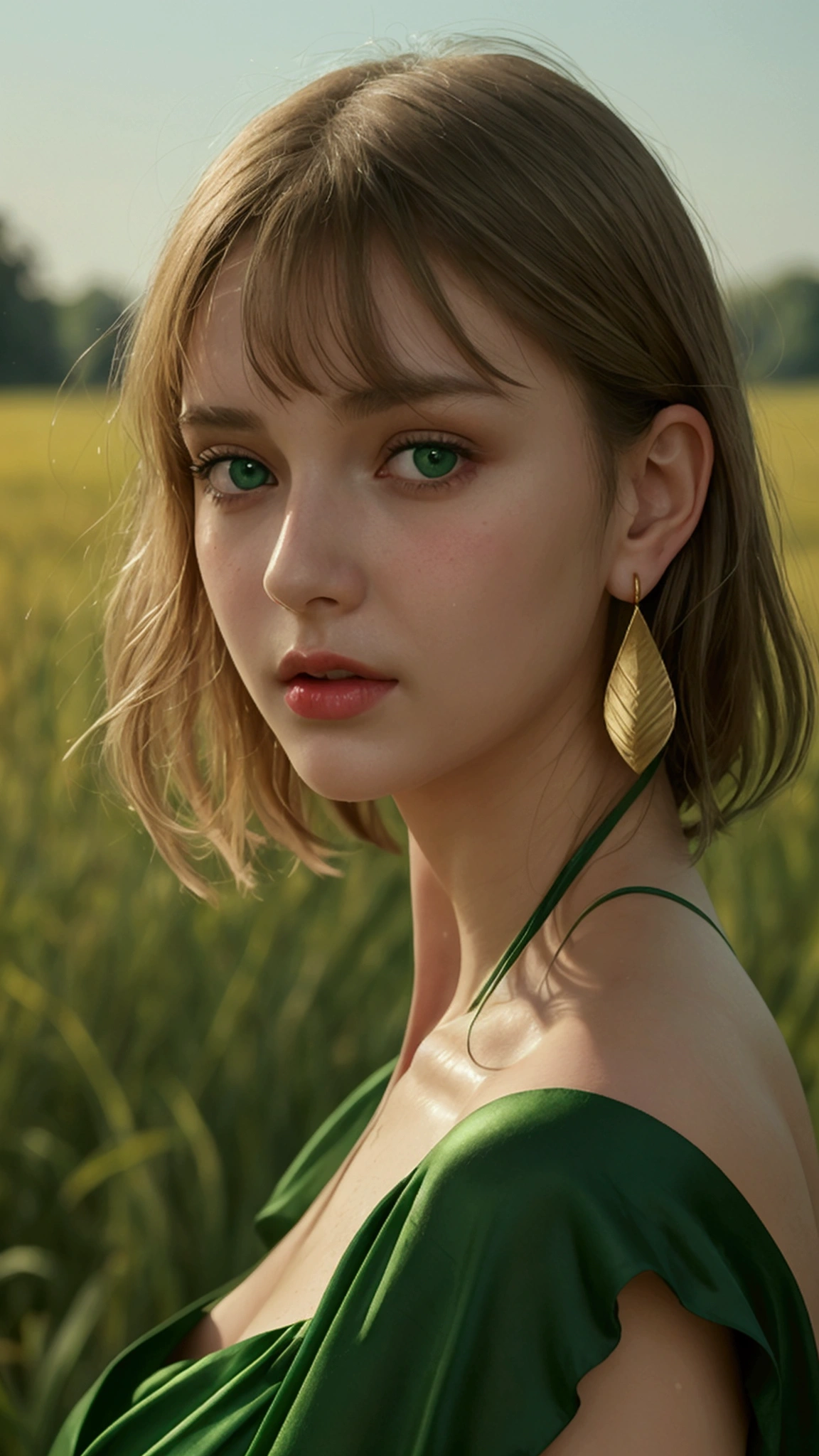 Full body portrait, A girl, Europe, White skin, wet, Extremely detailed face, Oval face, round face, plump face, gentle red lips, sad expression, gentle eyes, charming eyes, green eyes, straight hair, green hair, green silk halter dress, shoulder exposed, collarbone, big breasts, big body, gold teardrop earrings, Elegant and seductive standing posture, straight face, directed towards the viewer, in a green field, the head is slightly raised