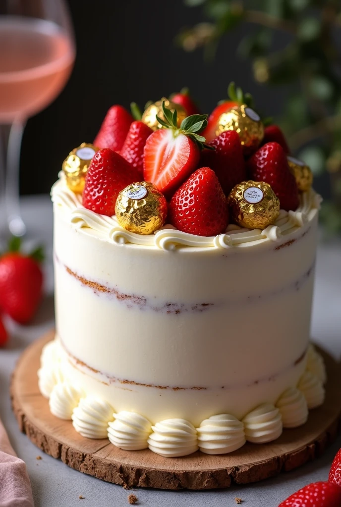 Birthday cake with smooth whipped cream frosting and strawberry decoration with ferreiro roche