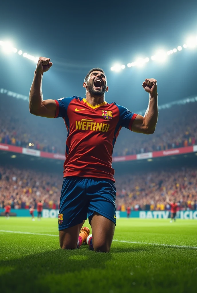 A man celebrates a goal in a packed stadium while sliding on his knees with the crowd cheering in the background
