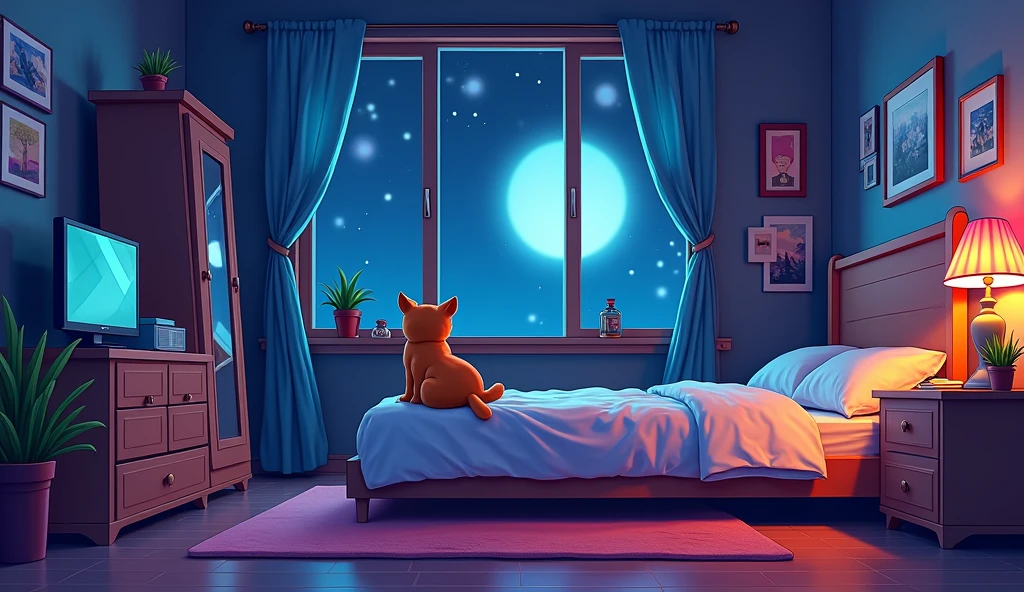 there is a cartoon picture of a bedroom with a cat and a dog, background art, relaxing concept art, by Ryan Yee, cute detailed digital art, cozy environment, cartoon moody scene, cyberpunk bedroom at night, random background scene, indie game concept art, lo-fi illustration style, cyril rolando and goro fujita, cyberpunk teenager bedroom, keyframe illustration