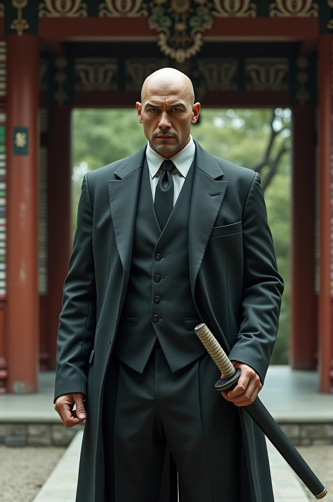 Very handsome Japanese Yakuza standing holding a samurai in a temple 